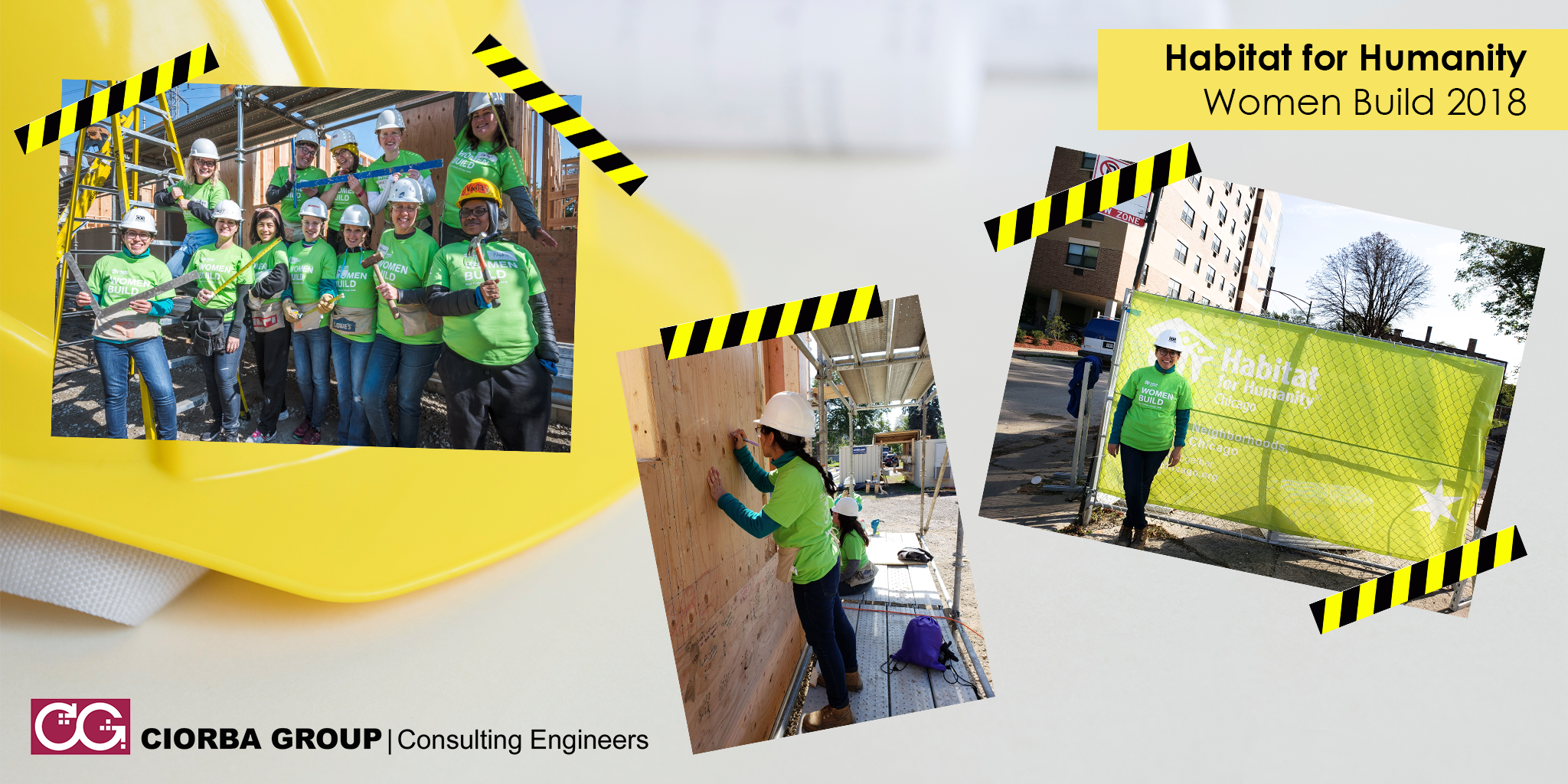 A collage of construction workers wearing green shirts.