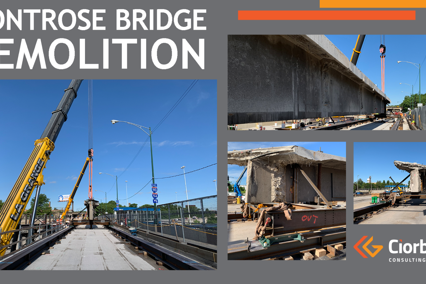 A collage of photos with the bridge being built.