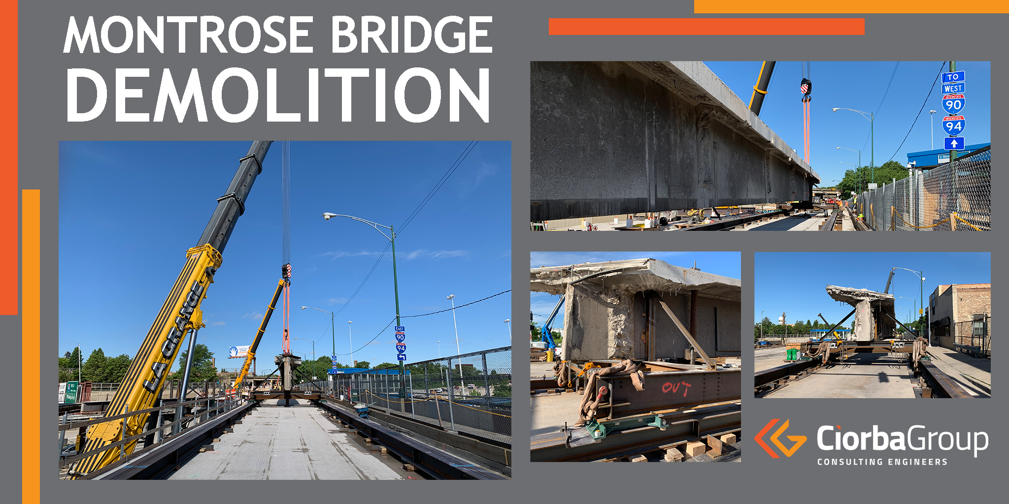 A collage of photos with the bridge being built.