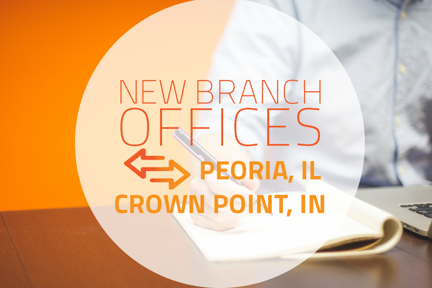 A person is writing on paper with the words new branch offices in the background.