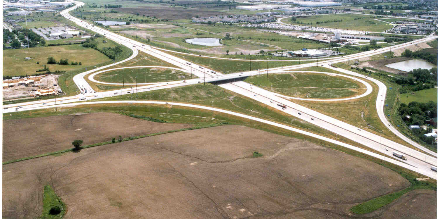 An aerial view of a highway with many roads.
