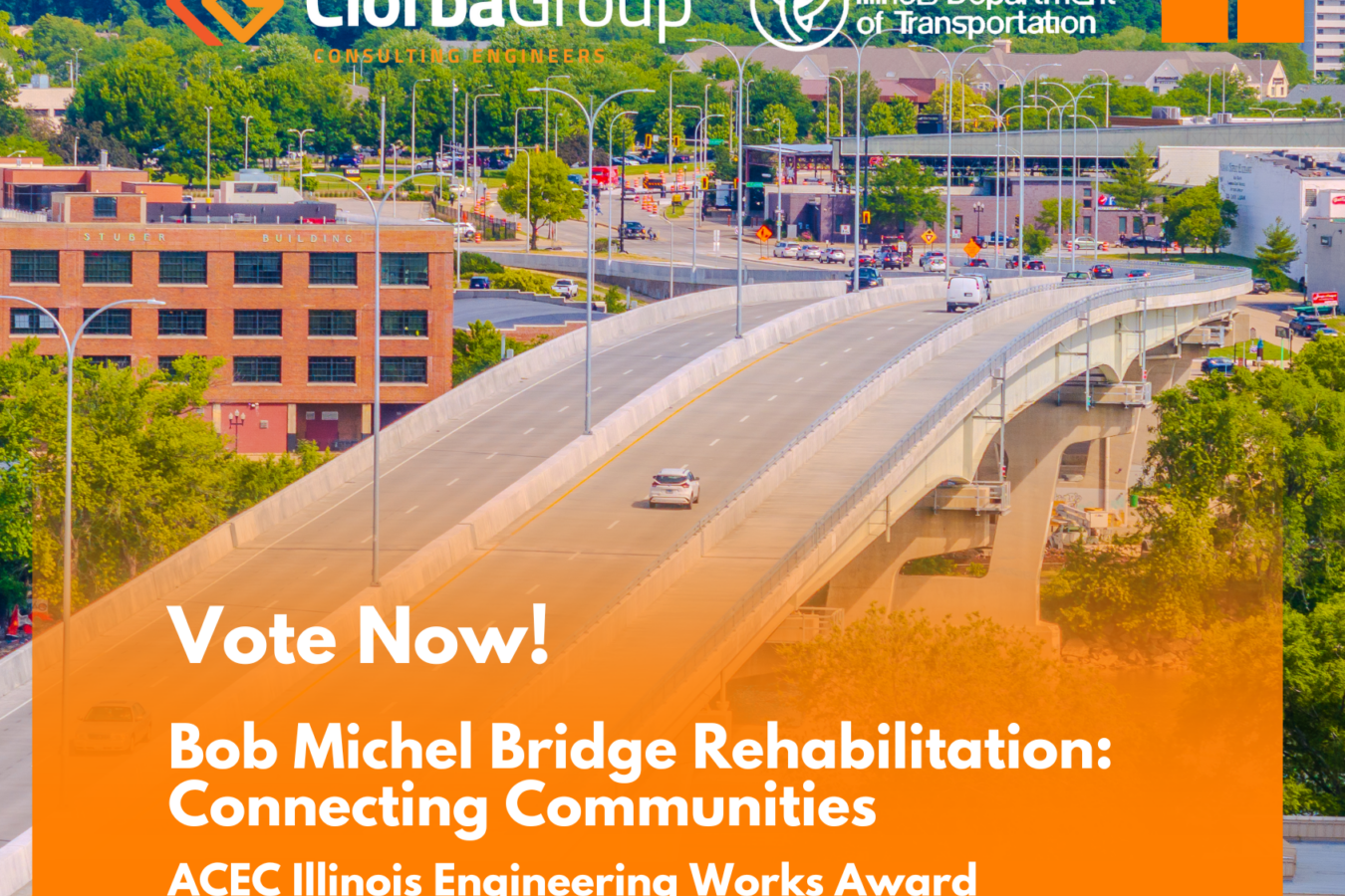 Elevated highway through city with orange banner